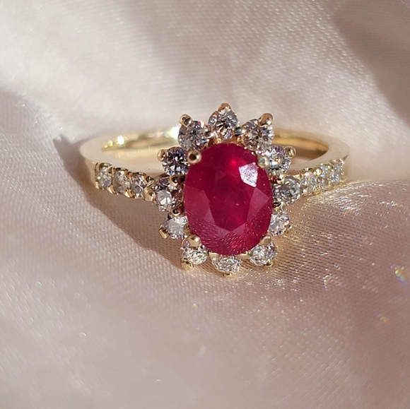 14k Solid Gold Ruby Ring with Diamond Halo - Picture 3 of 9